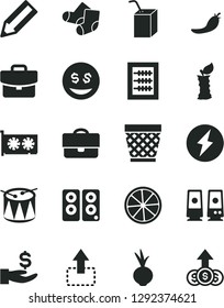 Solid Black Vector Icon Set - wicker pot vector, new abacus, Knitted Socks, packing of juice with a straw, drum, suitcase, move up, beet, slice lemon, apple stub, red pepper, portfolio, pencil
