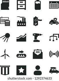 Solid Black Vector Icon Set - toys over the cot vector, drill, door knob, calculation, received letter, nightstand, artificial satellite, charge level, windmill, industrial building, autopilot, man
