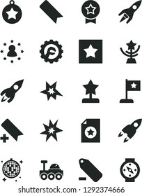 Solid Black Vector Icon Set - add bookmark vector, remove label, star gear, rocket, lunar rover, bang, cup, reward, medal, flag, certificate, stars around man, disco ball, compass
