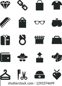 Solid Black Vector Icon Set - paper bag vector, purse, spectacles, hat with glasses, accessories for a hairstyle, comb, Knitted Socks, warm, T shirt, folded, hanger, cloth industry, hand, diamond