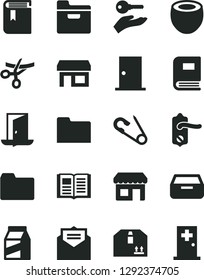 Solid Black Vector Icon Set - folder vector, book, open pin, door knob, ntrance, received letter, drawer, cardboard box, package, half of coconut, kiosk, stall, arm with key, exit, grand opening