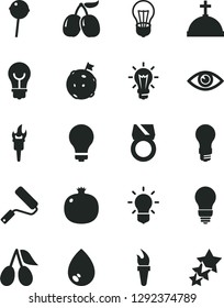 Solid Black Vector Icon Set - matte light bulb vector, new roller, eye, drop, Chupa Chups, pomegranate, cornels, tasty, flame torch, flag on moon, gold ring, crown with cross, three stars