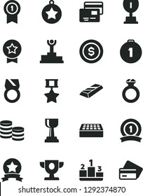 Solid Black Vector Icon Set - brick vector, cards, pedestal, coins, winner podium, prize, award, gold cup, star medal, first place, with pennant, ribbon, hero, diamond ring, bar, dollar coin