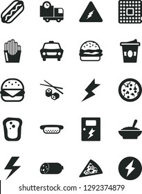 Solid Black Vector Icon Set - lightning vector, dangers, car, delivery, sausage, pizza, piece of, Hot Dog, mini, big burger, a bowl buckwheat porridge, fried potato slices, Chinese chopsticks