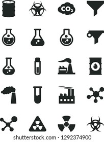 Solid Black Vector Icon Set - round flask vector, manufacture, factory, oil, barrel, industrial building, carbon dyoxide, filter, water, test tube, molecule, nuclear, biohazard