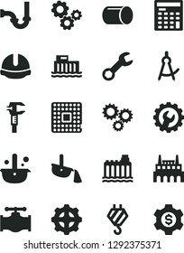 Solid Black Vector Icon Set - hook vector, sewerage, construction helmet, gear, valve, hydroelectric station, hydroelectricity, industrial factory, processor, pipe, caliper, metallurgy, gears, three