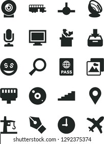 Solid Black Vector Icon Set - desktop microphone vector, monitor window, wall clock, picture, passport, put in a box, lens, tower crane, location, cd, connect, lan connector, zoom, satellite antenna