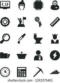 Solid Black Vector Icon Set - winter hat vector, comfortable toilet, pan, wall watch, engineer calculator, cpu, memory, folder, coding, zoom, pipette, scientist, electricity, man hold world, flag