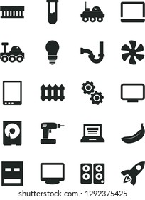 Solid Black Vector Icon Set - laptop vector, cordless drill, sewerage, bulb, new radiator, banana, marine propeller, tablet pc, notebook, fan, monitor, hdd, usb, speaker, test tube, gears, rocket
