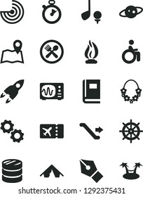 Solid Black Vector Icon Set - column of coins vector, gears, book, oscilloscope, flame, radar, saturn, rocket, stopwatch, ink pen, escalator, plane ticket, tent, hawaii wreath, cafe, disabled, map