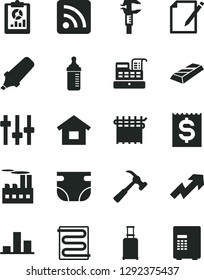 Solid Black Vector Icon Set - growth up vector, rss feed, measuring bottle for feeding, nappy, dwelling, heating coil, hammer with claw, notes, industrial building, cloth industry, caliper, chart