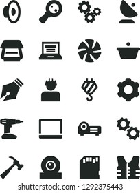 Solid Black Vector Icon Set - laptop vector, loudspeaker, hook, cogwheel, drill, hammer with claw, builder, satellite antenna, pan, magnifying glass, gears, notebook pc, fan, web camera, scanner