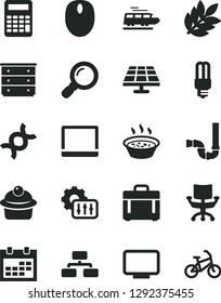 Solid Black Vector Icon Set - calendar vector, chest of drawers, siphon, case, flowchart, muffin, porridge in a saucepan, solar panel, mercury light bulb, notebook pc, mouse, monitor, magnifier, dna