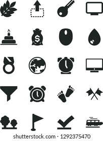 Solid Black Vector Icon Set - alarm clock vector, pennant, children's tracks, birthday cake, key, drop, screen, move up, planet, trees, filter, mouse, monitor, biology, gold ring, cross flags, train
