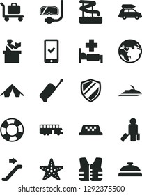 Solid Black Vector Icon Set - earth vector, car baggage, bus, taxi, escalator, passenger, passort control, phone registration, rolling case, tent, aquapark, hospital bed, starfish, diving mask