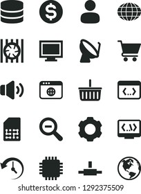 Solid Black Vector Icon Set - monitor window vector, grocery basket, zoom out, volume, cart, satellite dish, SIM, man, globe, dollar, radiator fan, cpu, browser, connect, coding, big data, history