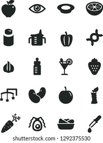 Solid Black Vector Icon Set - toys over the cot vector, measuring cup for feeding, bottle, powder, eye, lettuce in a plate, of milk, cocktail, strawberry, red apple, tasty plum, half grapefruit, dna