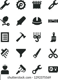Solid Black Vector Icon Set - scissors vector, new abacus, winch hook, concrete mixer, arm saw, paint roller, wooden brush, building level, construction helmet, spatula, star gear, hammer with claw
