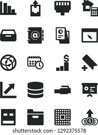 Solid Black Vector Icon Set - add bookmark vector, growth chart, positive histogram, upload archive data, estimate, folder, address book, drawer, processor, statistical research, agenda, usb, big