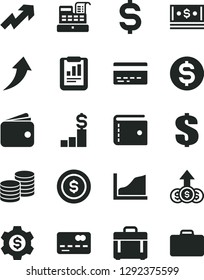 Solid Black Vector Icon Set - bank card vector, purse, growth up, dollar, case, coins, front of the, statistical report, denomination, wallet, cash, machine, graph, arrow, coin, pedestal, gear