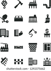 Solid Black Vector Icon Set - wicker pot vector, hook, concrete mixer, window, wooden paint brush, siphon, building level, buildings, city block, ceramic tiles, spatula, hammer with claw, industrial