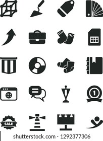 Solid Black Vector Icon Set - warm socks vector, Knitted, building trowel, color samples, notebook, label, SIM card, lighthouse, billboard with illumination, portfolio, ring diagram, sale, browser