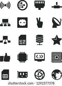 Solid Black Vector Icon Set - power socket type f vector, star, thumb up, big data server, processor, satellite dish, SIM card, scheme, hierarchical, cpu, pc, network, connect, coding, lan connector