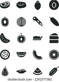 Solid Black Vector Icon Set - stationery knife vector, pizza, slices of onion, piece cake, slice, bacon, meat, cucumber, plum, water melon, delicious, tangerine, half cherry, kiwi, tamarillo