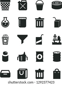 Solid Black Vector Icon Set - wicker pot vector, bin, measuring cup for feeding, powder, e, packing of juice with a straw, bucket, dust, drawer, bag handles, canned goods, popcorn, jam, sea port