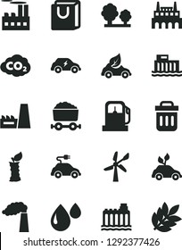 Solid Black Vector Icon Set - bag with handles vector, apple stub, gas station, wind energy, manufacture, hydroelectric, hydroelectricity, trees, industrial building, thermal power plant, factory