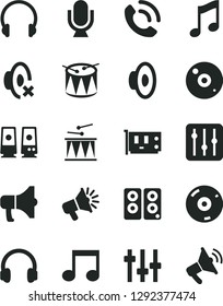 Solid Black Vector Icon Set - loudspeaker vector, silent mode, drumroll, drum, headphones, microphone, music, regulator, phone call, megaphone, pc card, cd, speaker, note, settings