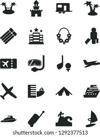 Solid Black Vector Icon Set - sand castle vector, plane, camper, passenger, ticket, rolling case, hotel, tent, palm tree, hawaii wreath, diving mask, surfing, golf, cruiser, hammok, yacht