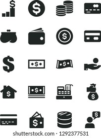 Solid Black Vector Icon Set - bank card vector, dollar, coins, reverse side of a, front the, column, catch coin, wallet, purse, cash, machine, money bag hand, mortgage, pedestal, dialog