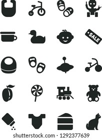 Solid Black Vector Icon Set - baby powder vector, bib, Child T shirt, rubber duck, children's potty, small teddy bear, hairdo, toy train, yule, bicycle, tricycle, shoes for little children, lollipop