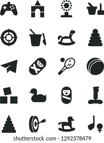 Solid Black Vector Icon Set - paper airplane vector, rubber duck, bath ball, stacking rings, toy, roly poly doll, tumbler, sand set, children's, rocking horse, small, cubes for children, joystick