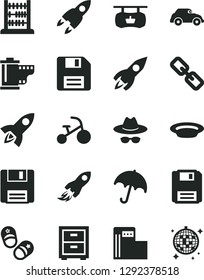 Solid Black Vector Icon Set - floppy disk vector, spectacles, hat with glasses, camera roll, bedside table, tricycle, child shoes, abacus, umbrella, plate, modern gas station, retro car, rocket