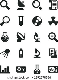 Solid Black Vector Icon Set - magnifier vector, zoom out, negative histogram, artificial satellite, round flask, radiation, dish, antenna, ring diagram, statistical research, article, test tube