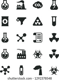 Solid Black Vector Icon Set - round flask vector, manufacture, factory, oil, industrial building, radiation, carbon dyoxide, water filter, research article, test tube, molecule, nuclear, biohazard