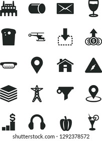 Solid Black Vector Icon Set - House Vector, Pile, Move Down, Easter Cake, Mini Hot Dog, Glass, Bell Pepper, Power Line, Industrial Factory, Pipe, Location, Geolocation, Water Filter, Headphones