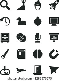 Solid Black Vector Icon Set - desktop microphone vector, monitor window, magnifier, bedside table, book, rubber duck, winter hat, arm saw, biscuit, medlar, horseshoe magnet, presentation, history