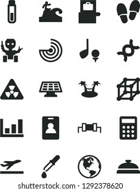 Solid Black Vector Icon Set - calculator vector, test tube, nuclear, dna, pipette, growth graph, radar, robot, sun panel, 3d cube, resistor, earth, identity card, baggage scanner, departure, surfing