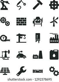 Solid Black Vector Icon Set - repair key vector, crane, brickwork, gears, concrete mixer, long meashuring tape, building level, electronic boiler, hammer, solar panel, working oil derrick, gear