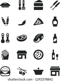 Solid Black Vector Icon Set - plastic fork spoons vector, iron, fried vegetables on sticks, pizza, piece of, big burger, cake, pie, bacon, barbecue, potato slices, Chinese chopsticks, sushi, bottle