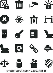 Solid Black Vector Icon Set - mark of injury vector, spectacles, scales, powder, Baby chair, car child seat, helmet, dust bin, strongbox, encrypting, biohazard, rope barrier, security gate, uv cream