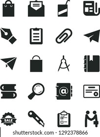 Solid Black Vector Icon Set - clip vector, paper bag, airplane, e, books, stationery knife, received letter, notebook, address book, survey, scribed compasses, magnifier, morning, sale, clipboard