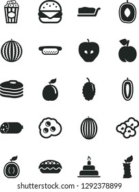 Solid Black Vector Icon Set - birthday cake vector, sausage, mini hot dog, big burger, slice, apple pie, popcorn, cup of, omelette, pancakes, peach, tasty, mulberry, melon, water, delicious plum