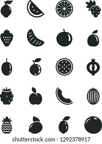 Solid Black Vector Icon Set - strawberry vector, apple, orange slice, grape, quince, half of medlar, blackberry, blueberry, melon, tangerine, passion fruit, yellow lemon, sour lime, guava, pineapple