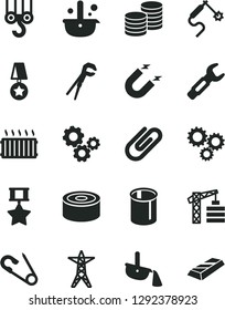 Solid Black Vector Icon Set - open pin vector, tower crane, winch hook, adjustable wrench, coins, clip, canned goods, power line, magnet, pipes, gas welding, steel repair key, metallurgy, production