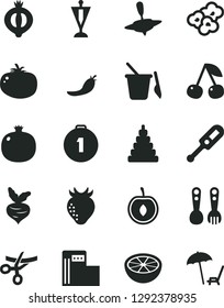 Solid Black Vector Icon Set - electronic thermometer vector e, stacking toy, children's sand set, plastic fork spoons, small yule, tomato, popcorn, cherry, pomegranate, strawberry, half of medlar