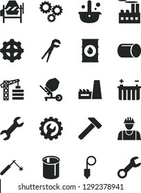 Solid Black Vector Icon Set - tower crane vector, builder, concrete mixer, adjustable wrench, plummet, gear, hammer, oil, battery, industrial building, thermal power plant, pipe, pipes, welding